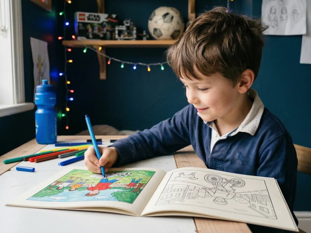 Boy colouring his own personalised toodaloo story book in his bedroom