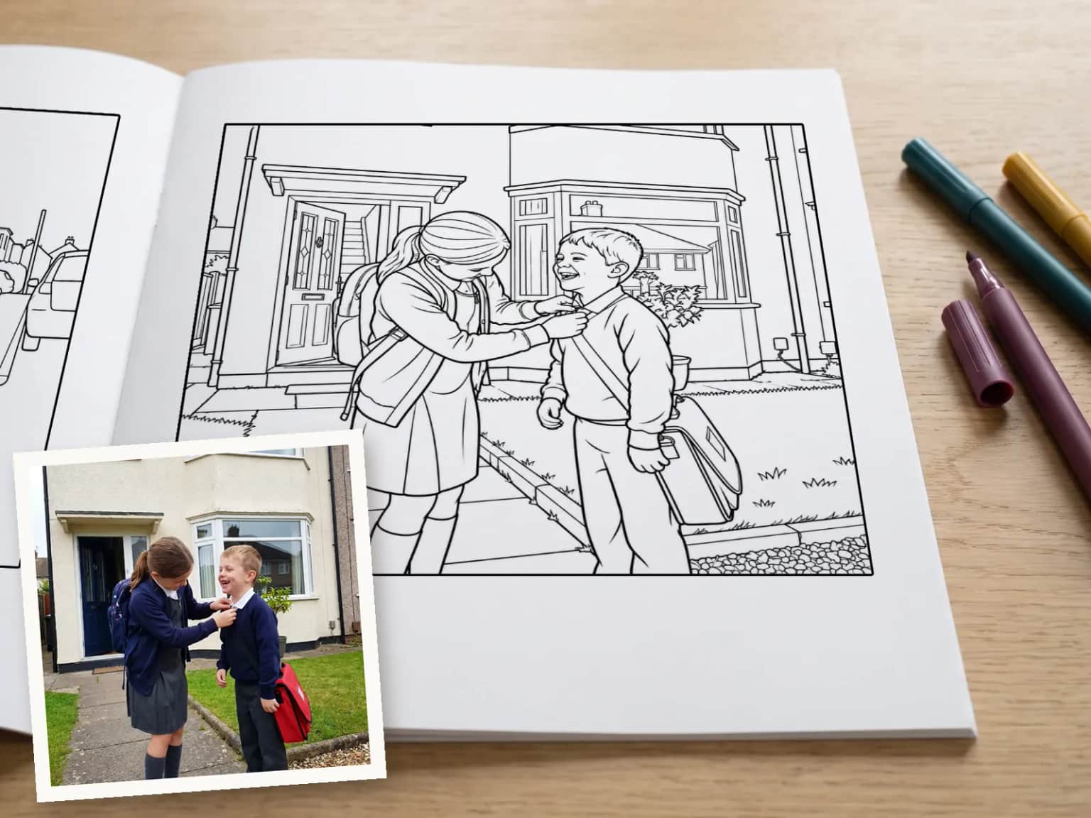 A printed colouring book open at a drawing of two children on their front path, with the photo it came from lying across the corner