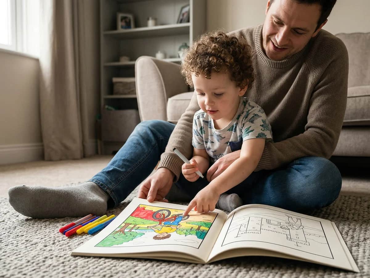 Parent and child on the living room floor looking at their personalised colouring book together